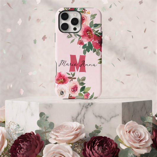 Chic Pink Watercolor Burgundy Floral Custom Name iPhoneケース