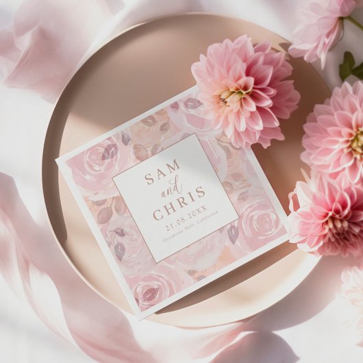Chic Pink Watercolor Roses Wedding スタンダードカクテルナプキン