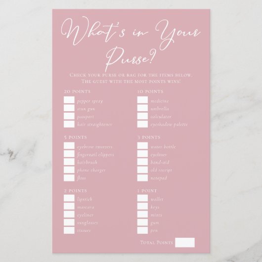 Chic Pink What's in Your Purse Bridal Shower Game (正面)