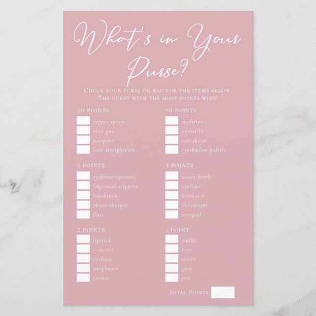 Chic Pink What's in Your Purse Bridal Shower Game (正面)