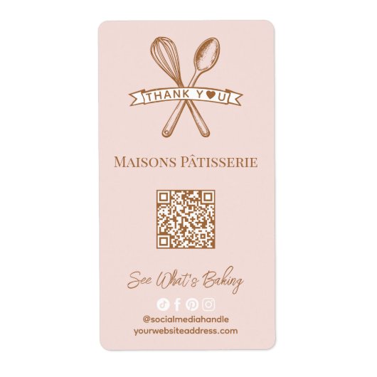 Chic Pink Whisk Spoon Thank You QR Code Bakery Box ラベル (正面)