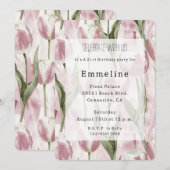 Chic Pink White Tulip Flowers Birthday 招待状 (正面/裏面)