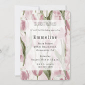 Chic Pink White Tulip Flowers Birthday 招待状 (正面)