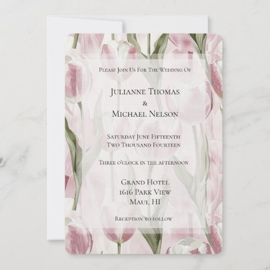 Chic Pink White Tulip Flowers Wedding 招待状 (正面)