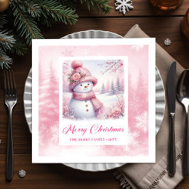 Chic Pinkmas Winter Forest Napkins Snowman Holiday スタンダードカクテルナプキン