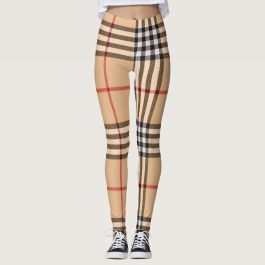 Chic Plaid Warm Tan Base Crisp White Black Brown  レギンス (正面)