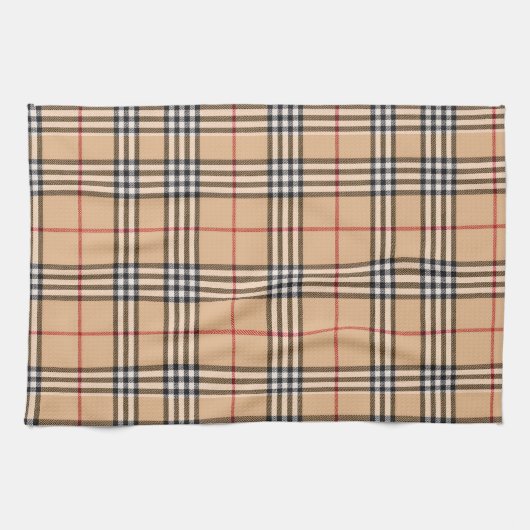 Chic Plaid Warm Tan Base White Black Brown Tartan キッチンタオル (横)