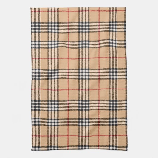 Chic Plaid Warm Tan Base White Black Brown Tartan キッチンタオル (縦)