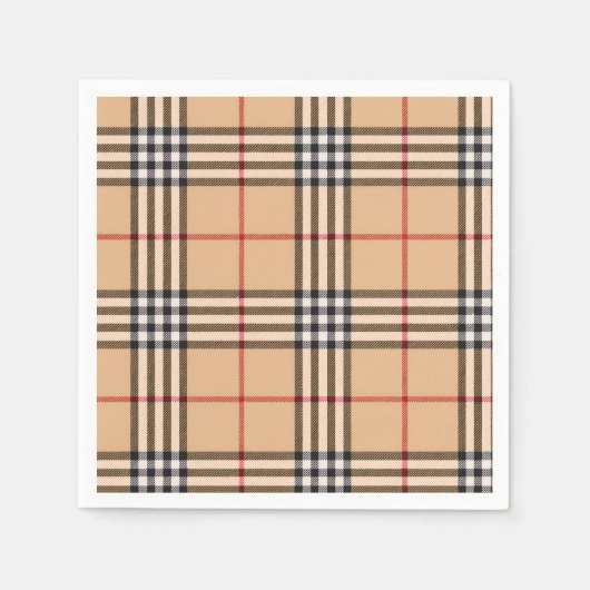 Chic Plaid Warm Tan Base White Black Brown Tartan スタンダードカクテルナプキン (正面)
