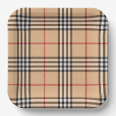 Chic Plaid Warm Tan Base White Black Brown Tartan ペーパープレート (正面)
