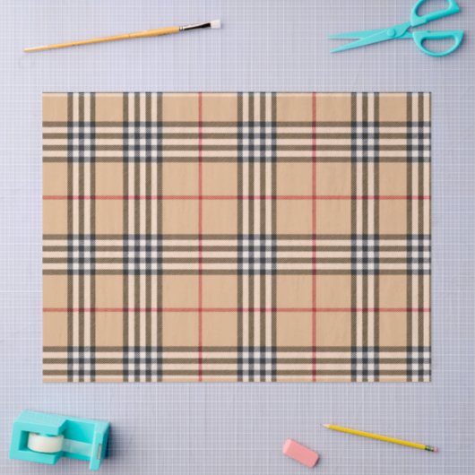 Chic Plaid Warm Tan Base White Black Brown Tartan 薄葉紙 (クラフト)