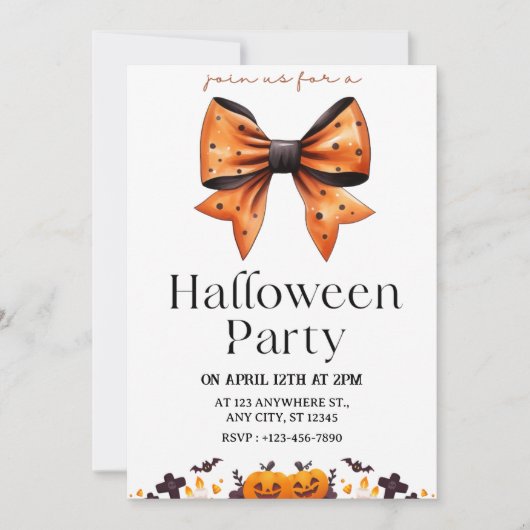 Chic Polka Dot Bow Halloween Party Invitation 招待状 (正面)