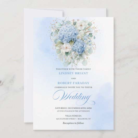 Chic Powder Blue Hydrangea Floral Wedding Invite 招待状 (正面)
