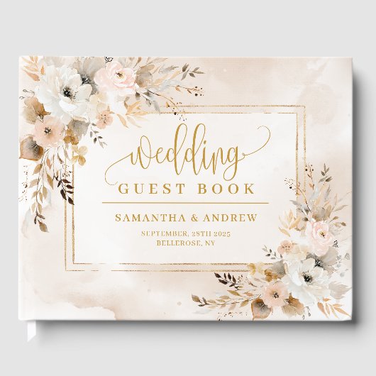 Chic Powder Pink Boho Floral Wedding Guest Book ゲストブック (正面)