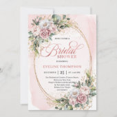 Chic Powder Pink Floral Eucalyptus Bridal Shower 招待状 (正面)