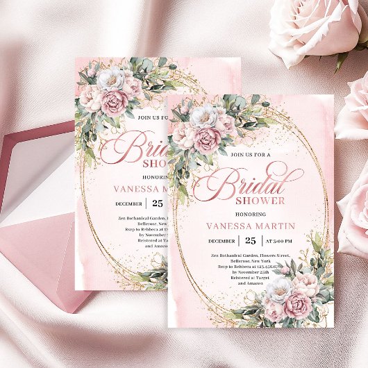 Chic Powder Pink Floral Eucalyptus Bridal Shower 招待状