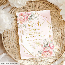 Chic Powder Pink Gold Peonies Sweet 16 Invitation 招待状