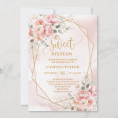 Chic Powder Pink Gold Peonies Sweet 16 Invitation 招待状 (正面)