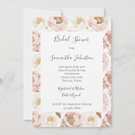 Chic Pretty Pink Gold Floral Bridal Shower 招待状 (正面)