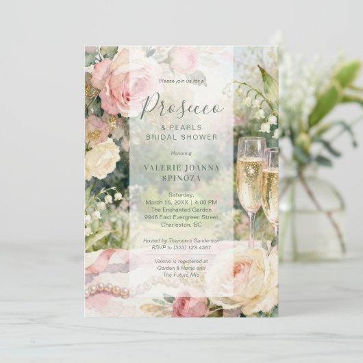Chic Prosecco & Pearls Glitter Bridal Shower 招待状 (スタンド正面)