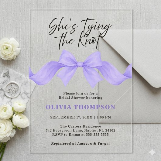 Chic Purple Bow She's Tying the Knot Bridal Shower アクリル招待状