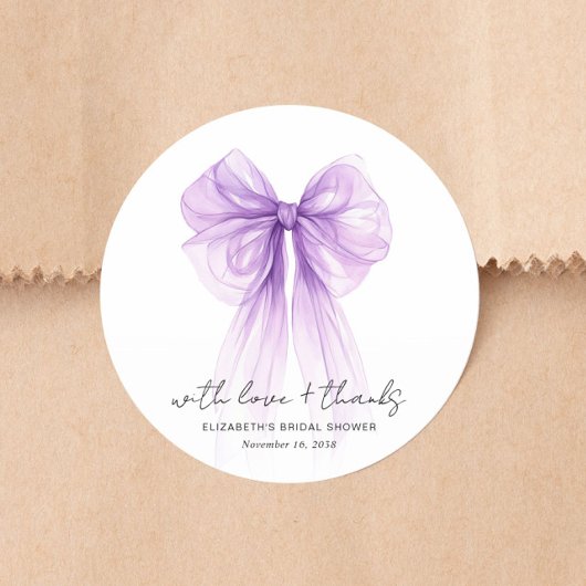 Chic Purple Bow Watercolor Bridal Shower Thank You ラウンドシール