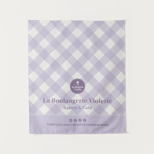 Chic Purple Checker Bakery Logo Event Table Runner タペストリー (正面)
