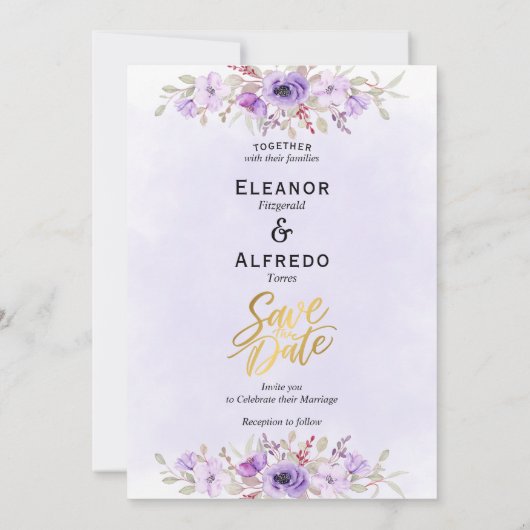 Chic Purple Floral Wedding Save the Date 招待状 (裏面)