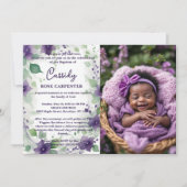 Chic Purple Garland Floral Photo Christening Baby 招待状 (正面)