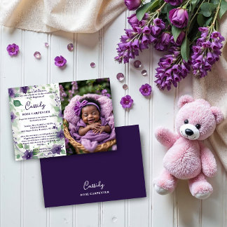 Chic Purple Garland Floral Photo Christening Baby 招待状