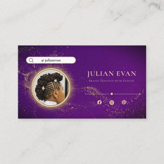 Chic Purple Glitter Gold African Braid Hairstylist 名刺 (正面)