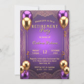 Chic Purple Gold Balloon Art Deco Retirement Party 招待状 (正面)