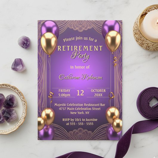 Chic Purple Gold Balloon Art Deco Retirement Party 招待状