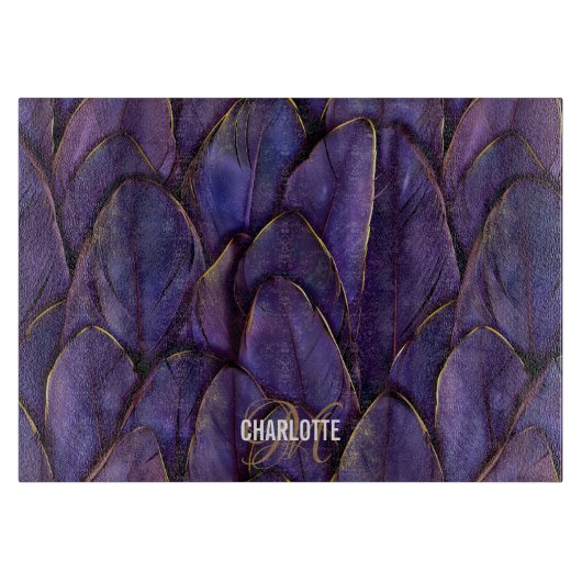 Chic purple gold feathers monogram name カッティングボード (正面)