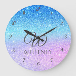 Chic Purple Ombre Blue Glitter Modern              ラージ壁時計