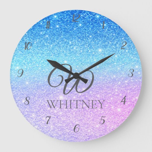 Chic Purple Ombre Blue Glitter Modern              ラージ壁時計 (正面)