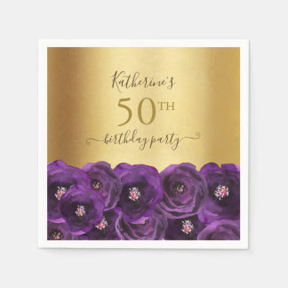 Chic Purple Rose Floral Gold 50th Birthday Party スタンダードカクテルナプキン
