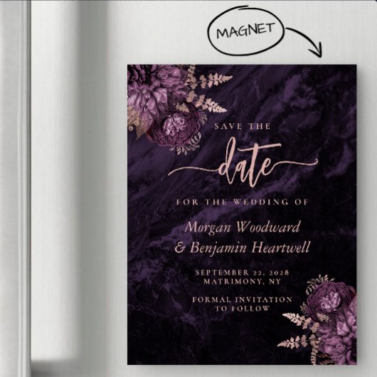 Chic Purple Rose Gold Floral Wedding Save the Date マグネット招待状