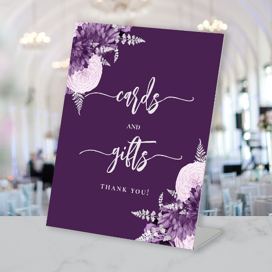 Chic Purple Silver Floral Wedding Cards Gifts 台座サイン