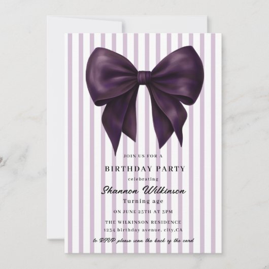 Chic Purple Stripes Birthday QR Invite 招待状 (正面)