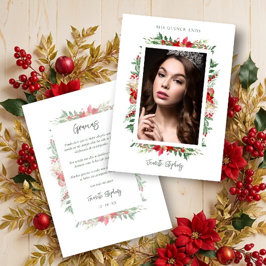 Chic Quinceañera Christmas Poinsettias Frame Photo サンキューカード