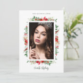 Chic Quinceañera Christmas Poinsettias Frame Photo サンキューカード (スタンド正面)