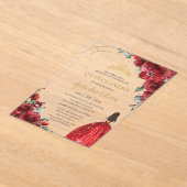 Chic Quinceañera Red Roses Flowers Floral Princess アクリル招待状 (レイダウン)