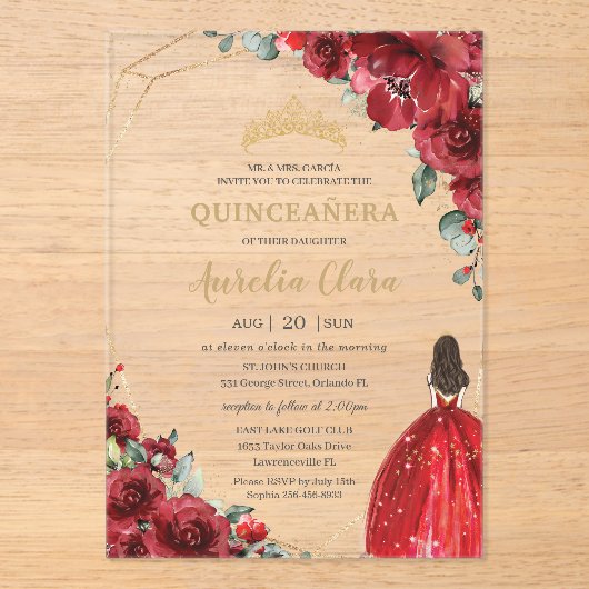 Chic Quinceañera Red Roses Flowers Floral Princess アクリル招待状 (正面)