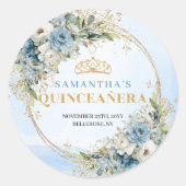 Chic Quinceañera Sticker Dusty Blue Gold Floral ラウンドシール (正面)