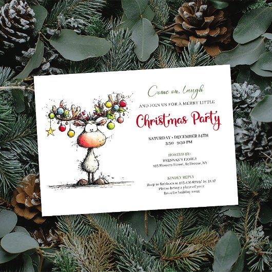 Chic quirky reindeer Christmas party invitation 招待状