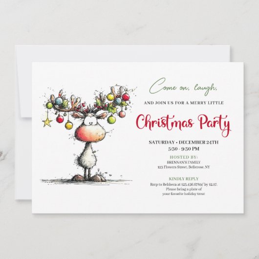 Chic quirky reindeer Christmas party invitation 招待状 (正面)