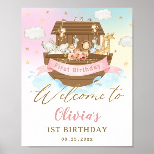 Chic Rainbow Noah's Ark Girl 1st Birthday Welcome ポスター (正面)