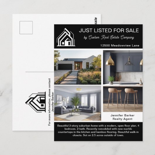 Chic Real Estate Company Home Listing Black White ポストカード (正面/裏面)