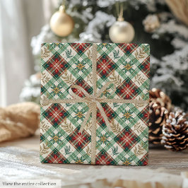Chic red and green watercolor gingham festive wrap ラッピングペーパー